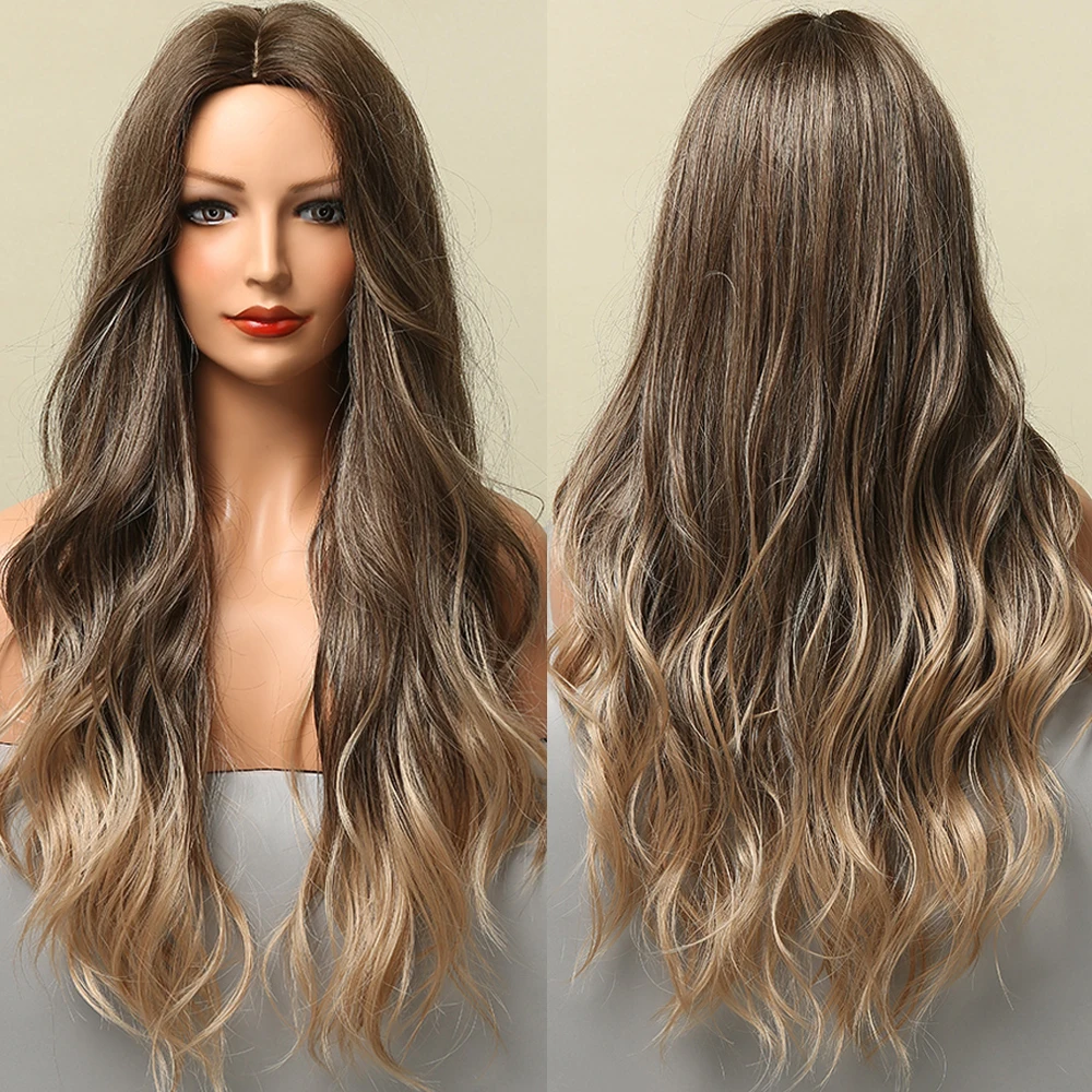 

ALAN EATON Middle Part Synthetic Wigs for Black Women Ombre Dark Brown Blonde Golden Long Water Wave Wigs Heat Resistant Hair