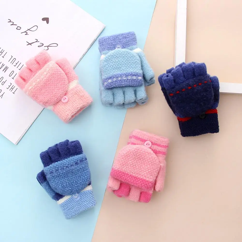 

Children Winter Gloves Thick Warm Half Finger Flip Top Knitted Gloves Writing Mittens Kids Soft Elastic Fingerless Glove 6 Color