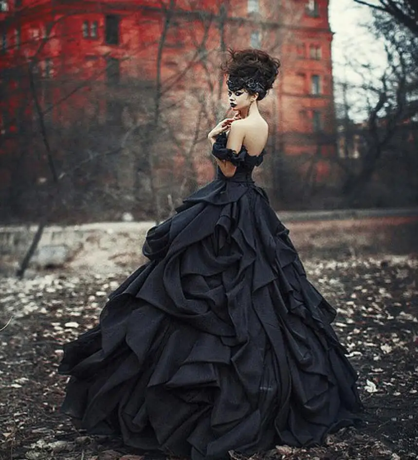 0% OFF - Tradizione abiti da sposa gotici neri abito da ballo Punk  vittoriano abiti da sposa con spalle scoperte cravatta in raso principessa  sposa anni '50