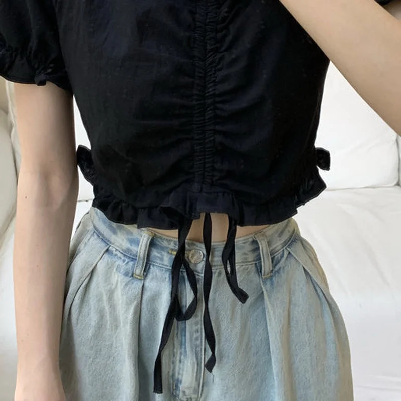 

Blouses Women Crop Top Shirring V-Neck Trendy Design Slim Tender Temperament Summer Short Sleeve Lady Pure All-match College