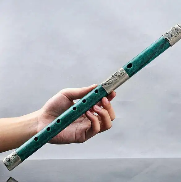 

Natural Chinese Jade Armor in Tibet Silver | Hand-carved dragon and flute with Phoneix motif