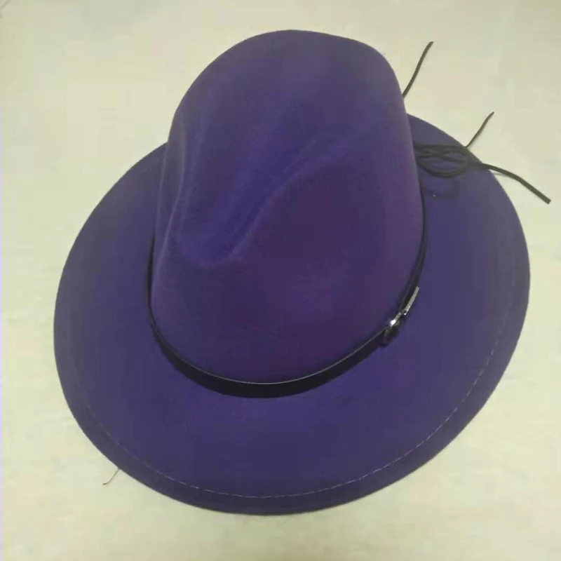 purple QIUBOSS для женщин мужчин с широкими полями шерсть фетр Джаз Fedora шляпы Панамы Стиль Ковбой Трилби вечерние платье шляпа большой размер желтый белый - Цвет: purple