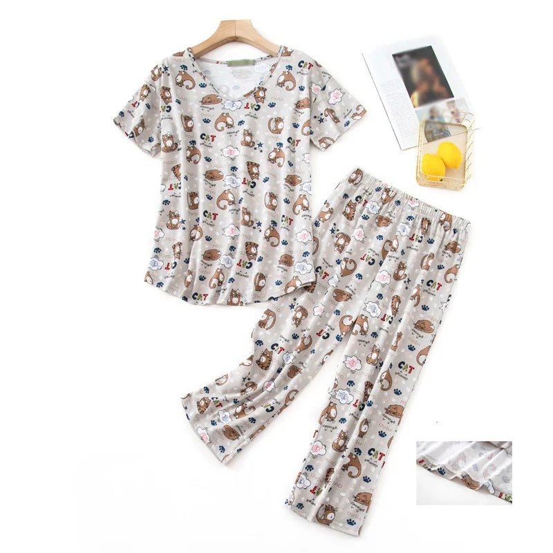 

Animal Cartoon Print Oversize Women Set Pajamas Short Sleeve Tshirt+calf-length Pants Fruit Printed Ladies Sleepwear 2021 Summer