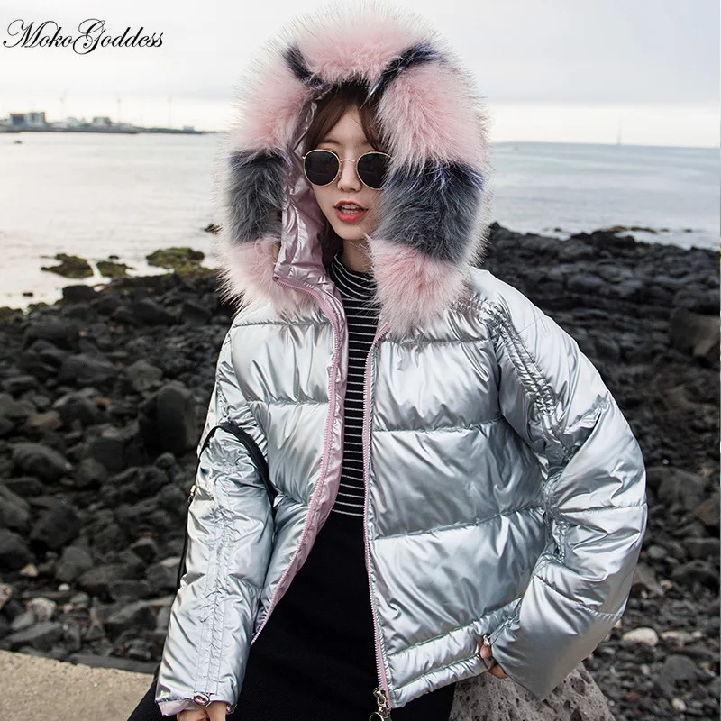 Новинка модные блестящие короткие серебряные пуховики mokoбогини для женщин