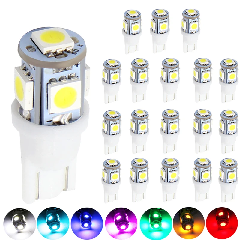 

20pcs W5W T10 168 LED Bulbs 5050 5 SMD White Red Yellow Ice Blue PinK Car Dome Reading Trunk Lights Auto Width Clearance Lamp
