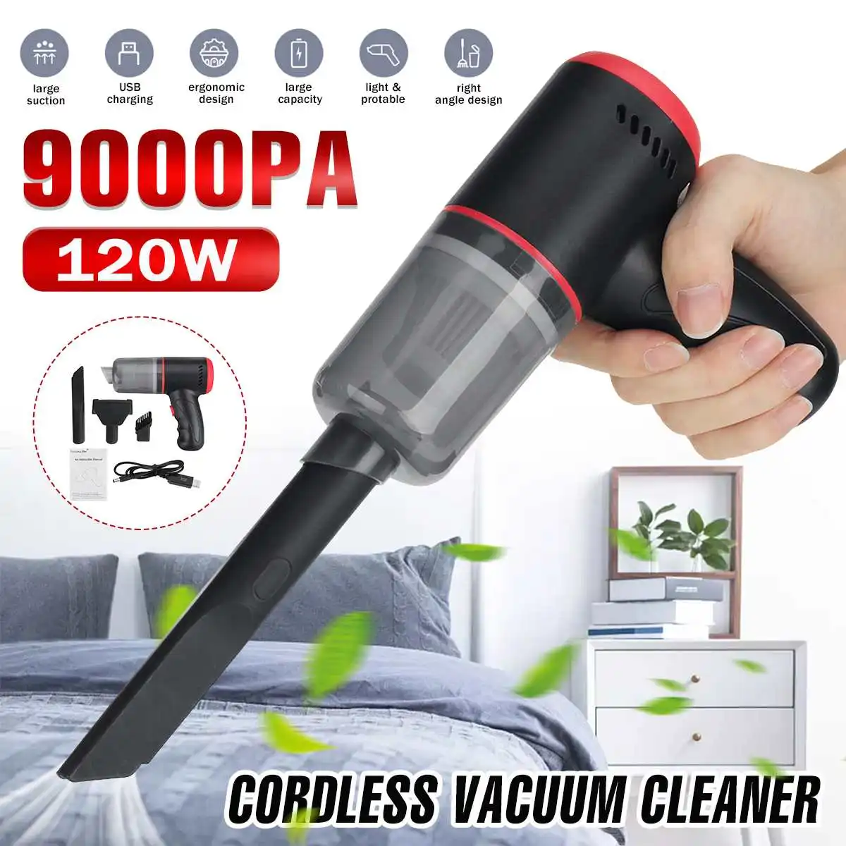 

9000Pa 120W Wireless Car Vacuum Cleaner Home Car Dual-purpose Cordless Handheld Mini Auto Vacuum Cleaner With Built-in Battery
