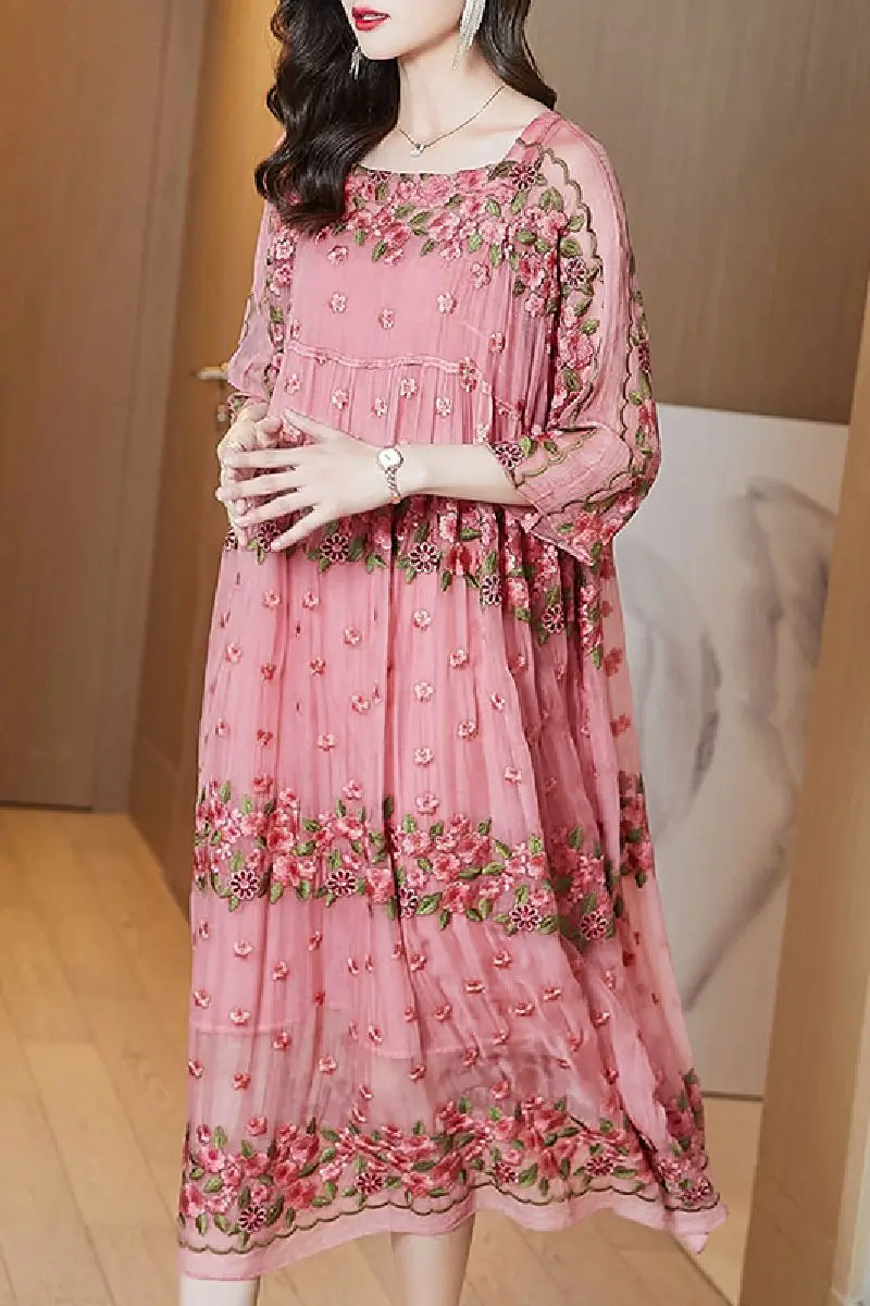 

COIGARSAM Summer Dress Women French Style Vintage Silk Floral Print Short Sleeve Embroidery Square Collar Dresses Traf