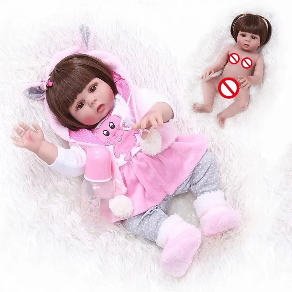 

49cm Straight Hair Rebirth Doll Rebirth Toddler Girl Pink Bunny Dress Set