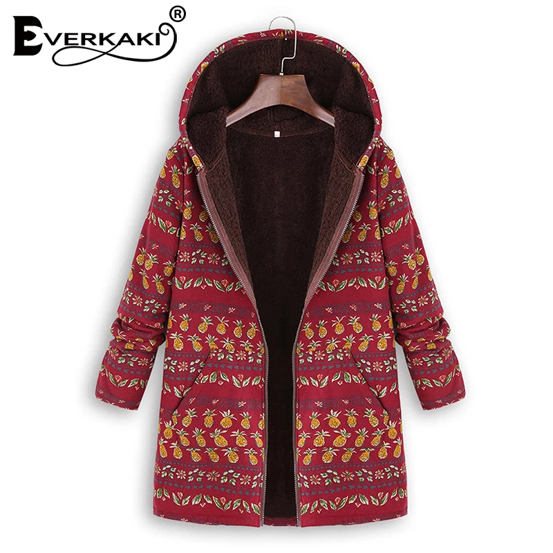Everkaki Boho зимнее пальто куртка Женская Плюс Размер Толстая бархатная молния с капюшоном карманы пальто куртки женские осень зима