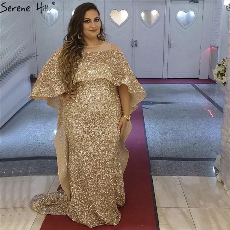 Gold Long Cloak Luxury Prom Dresses 2020 Dubai Sequined Sparkle Mermaid Party Gowns Serene Hill BLA60937 | Свадьбы и торжества