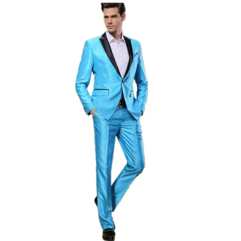 

My Loddy Men's Suits High-Quality Sky Blue Satin Tuxedos Slim Fit 2 Pieces Mens Wedding Prom Best Custom Made(Jacket+Pants)