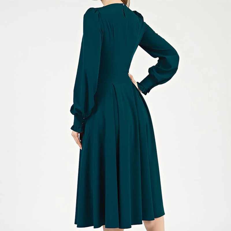 

Fashion Christmas Green A-line party Dress Autumn Dress Elegant Green Long Sleeve Pleated Midi Vestido Casual Women MIDI Dresses