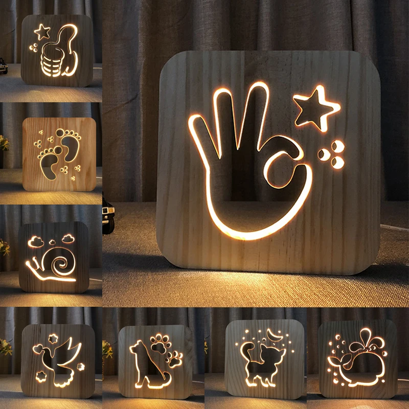 Светодиодный ночник с USB деревянная лампа в виде собачьей лапы кота волка головы