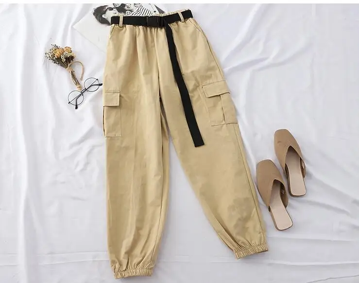 Уличная одежда в стиле хип-хоп женские штаны карго высокая талия карманы лента