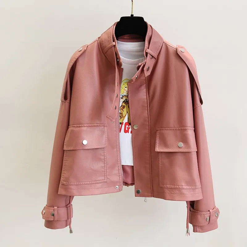 Trendy Nice New Autumn Women Streetwear Pink Pu Faux Soft Leather Jacket Casual Female Motorcycle Biker Zipper Big Pocket Coat