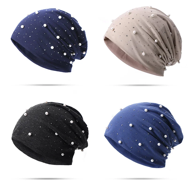 

Soft Cotton Autumn Winter Beanie Hats Women Girls Pearl Rhinestones Warm Skullies Caps Turban Bonnet Hat Female Ladies