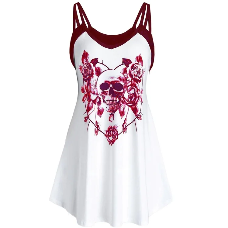 

Mandylandy Skull Print Dress Women's Sexy Loose Mini Dress Summer Casual V-neck Backless Spaghetti Strap High Waist Dress
