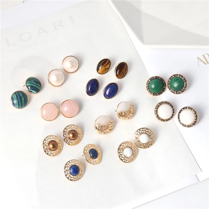 Коми богемные бирюзовые серьги гвоздики с цветным камнем круглые Милые простые