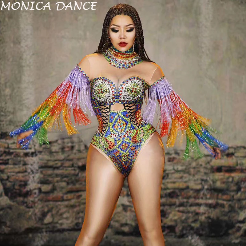 Colorful Rhinestones Fringes Leotard Costume Women's Birthday Prom Celebrate Outfit Bar Evening Women Dancer Bodysuit