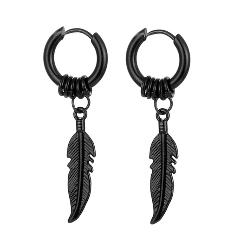 

A Pair of New Punk Retro Design Feather Earrings Couple Jewelry Accessories Black Stainless Steel Earrings Gift