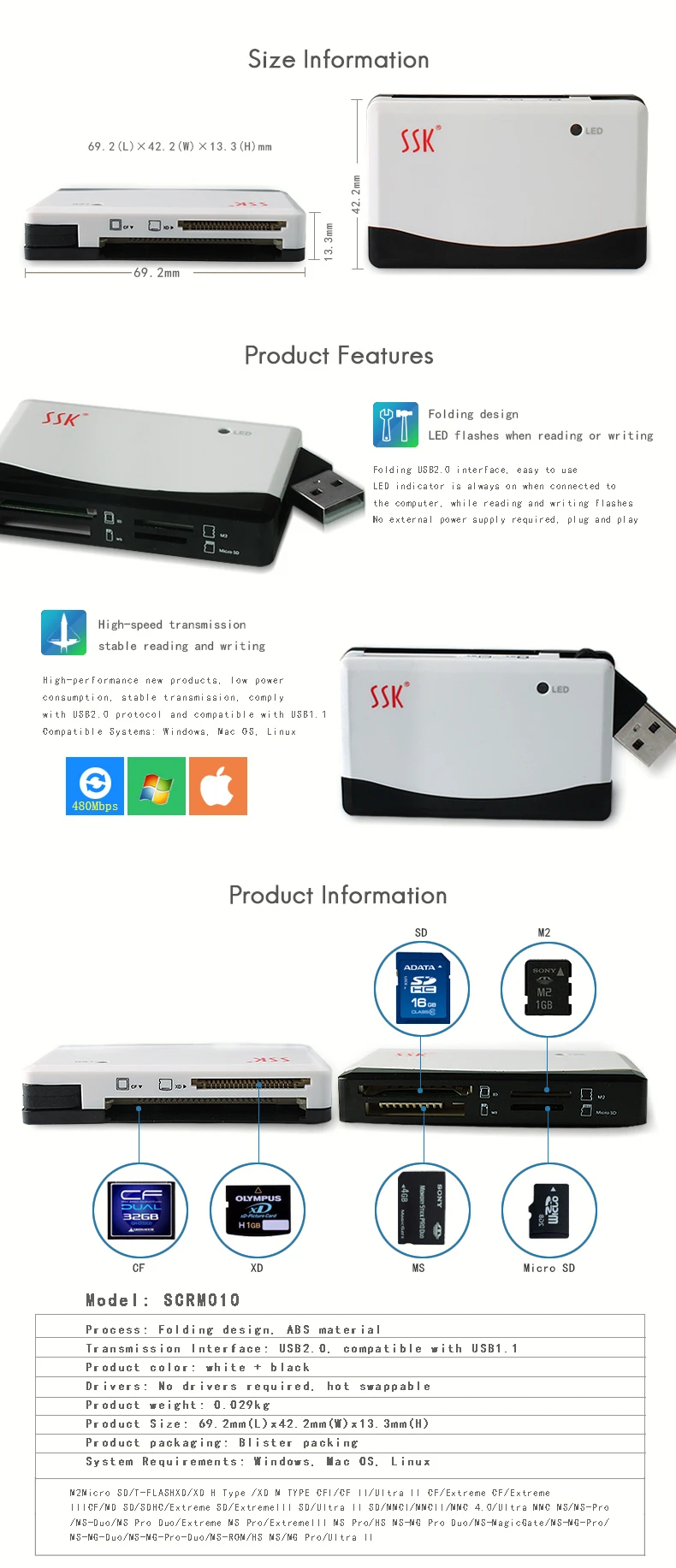 USB2.0 один многофункциональный высокоскоростной кард-ридер TF SD CF кард-ридер 010