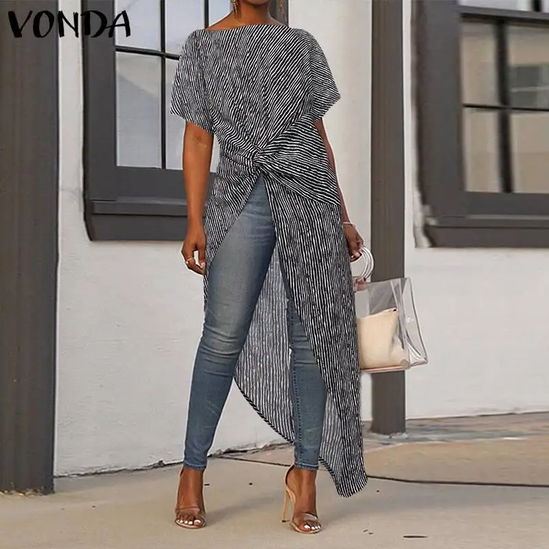 VONDA, асимметричные топы, женские блузки, полосатые рубашки,, летние топы, богемные блузы, Длинные вечерние рубашки размера плюс, туника