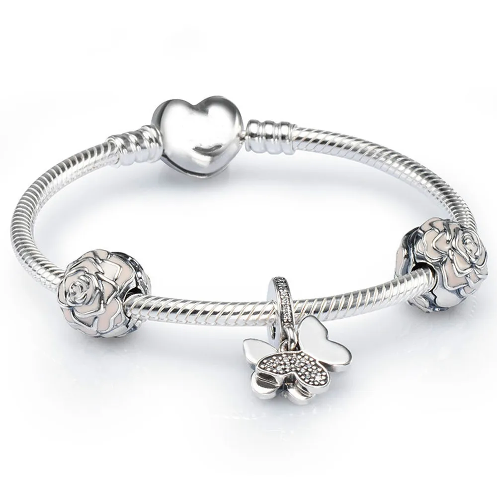 

2019 NEW 925 Sterling Silver FLUTTERING BUTTERFLY CHARM BRACELET SET fit DIY Original charm Bracelets jewelry A set of prices