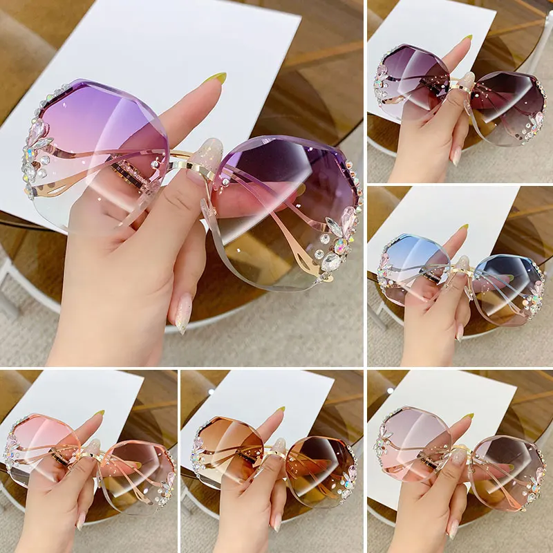 

Fashion Brand Design Vintage Rimless Rhinestone Metal Sunglasses Women Men Retro Cutting Lens Gradient Sun Glasses Female