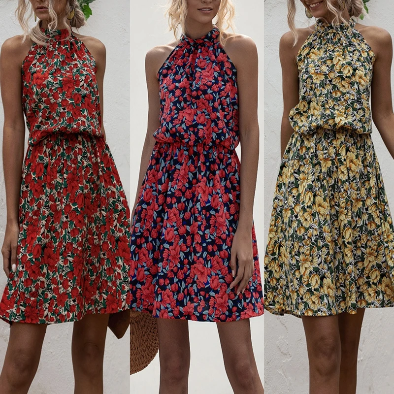 

Летние пикантные туфли с цветочным рисунком и с низким вырезом на спине для мини-платье в стиле ретро с короткими пляжное платье без рукавов...