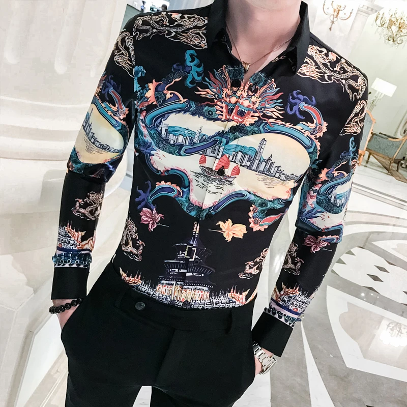 Мужская рубашка с длинным рукавом мужская цветочным принтом приталенная