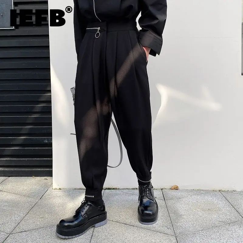 

IEFB Men's Casual Pants Korean Chic Zipper Pasted Harem Pants 2022 New Spring Fashion Japanese Streetwear Design Black Trousers