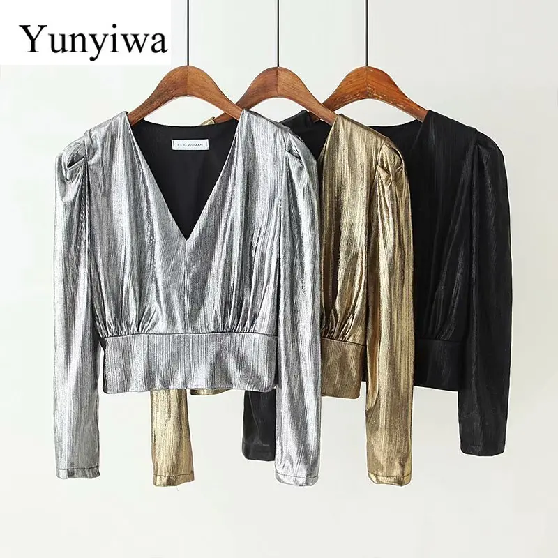 Женский топ с длинным рукавом и v-образным вырезом в новом стиле винтажные