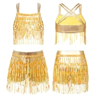 kids girls sequins tassel latin dance costumes sleeveless criss cross strappy back crop top with shorts set for ballet dancing