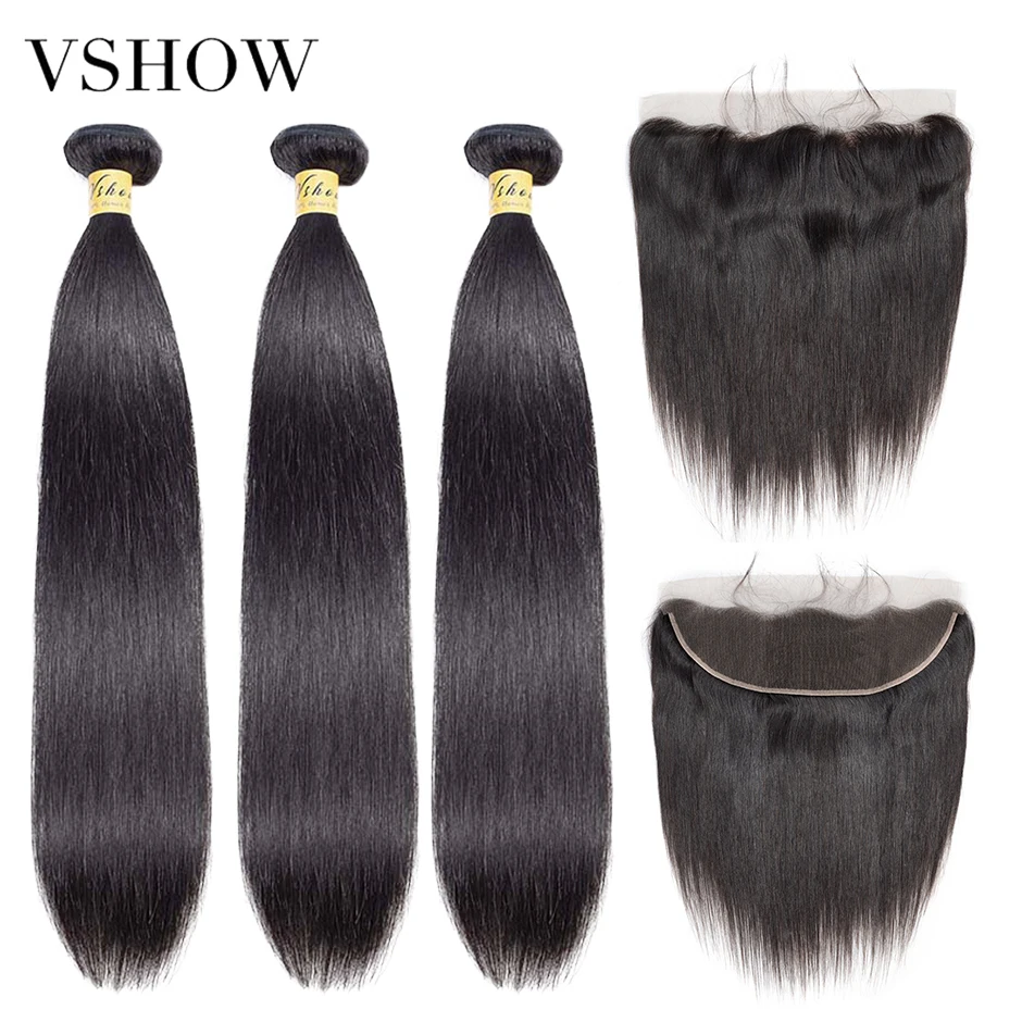 VSHOW бразильские Прямые Натуральные кудрявые пучки волос с фронтальной застежкой