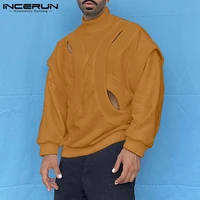 incerun tops 2022 american style mens hoodies sense fake two piece hollow long sleeved loose comeforable hot sale sweater s 5xl