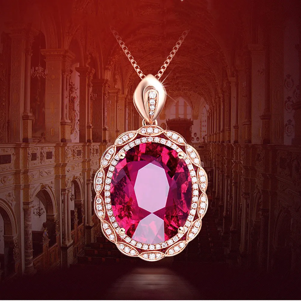 

ROSE GOLD BIG OVAL RED CRYSTAL RUBY GEMSTONES DIAMONDS PENDANT NECKLACES FOR WOMEN VINTAGE JEWELRY CHOKER CHAIN BIJOUX GIFTS