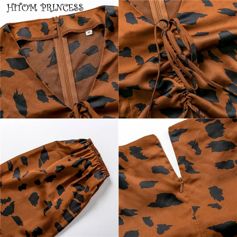 

HITOM PRINCESS Drawstring Hollow Leopard Dress Women V-Neck Lantern Sleeve Sexy Mini Dress Autumn Bodycon Party Dress Christmas