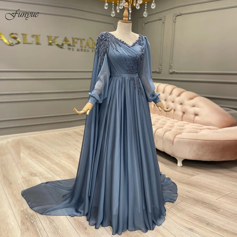 Dusty Blue Long Sleeve Muslim Evening Gowns 2022 New Prom Beaded Lace A Line Chiffon Elegant Arabic Women Formal Party Dress