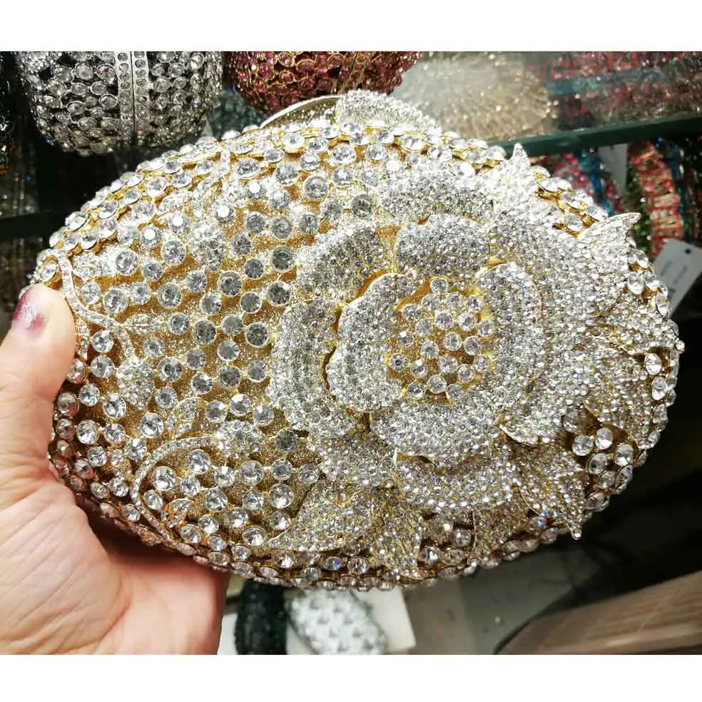 Роскошные овальной формы с украшениями в виде кристаллов и цветов праздник сумка