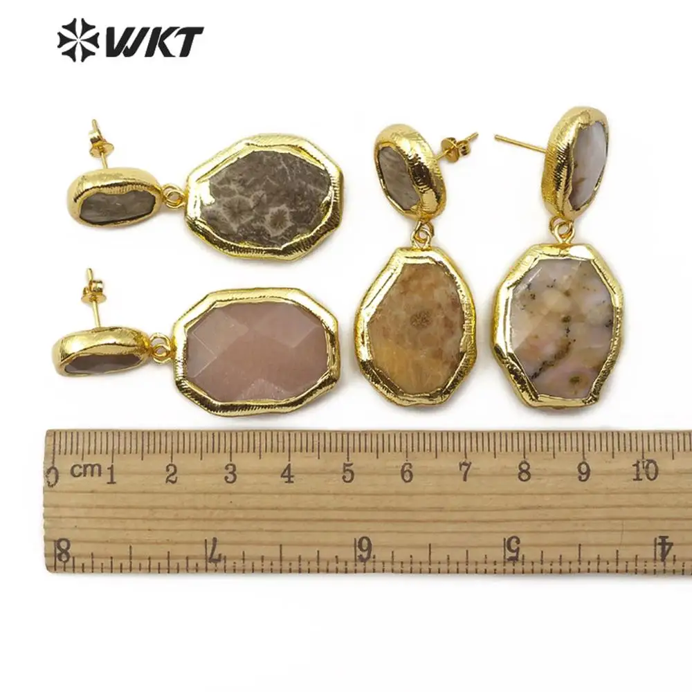 

WT-E571 natural two stone Earring with gold electroplated different pattern multi color stud Earrings women Earring Jewelry