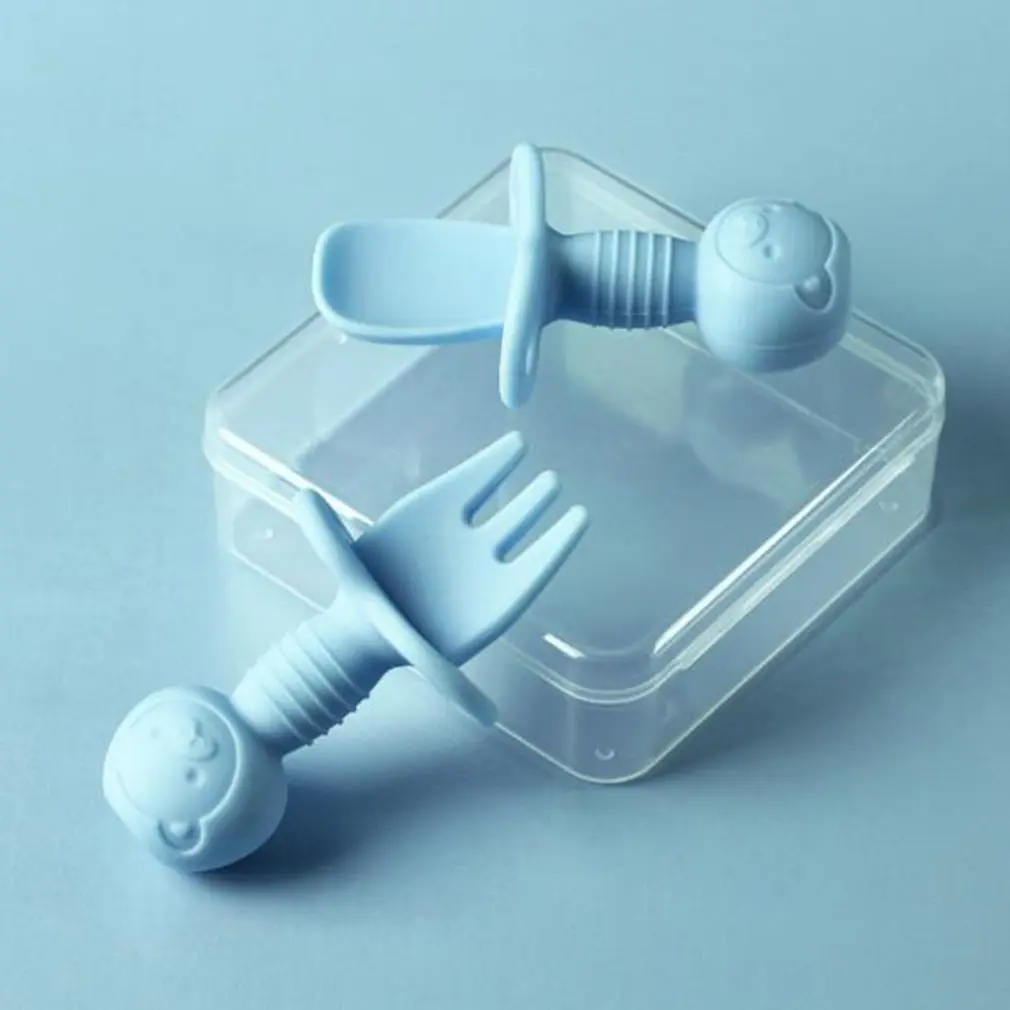 

Набор силиконовых детских столовых приборов, вилка и ложка для первых младенцев, легкое освоение, самопитание, для малышей