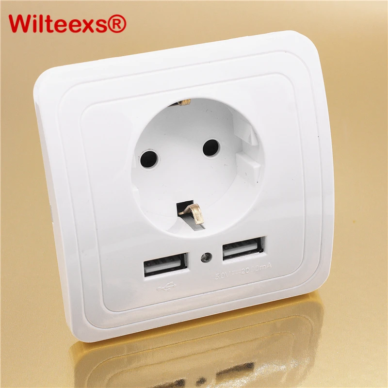 WILTEEXS, двойной USB порт, 5 В, 2 А, электрическое настенное зарядное устройство, адаптер, штепсельная вилка европейского стандарта, выключатель питания, док-станция, зарядная розетка, панель, белый цвет