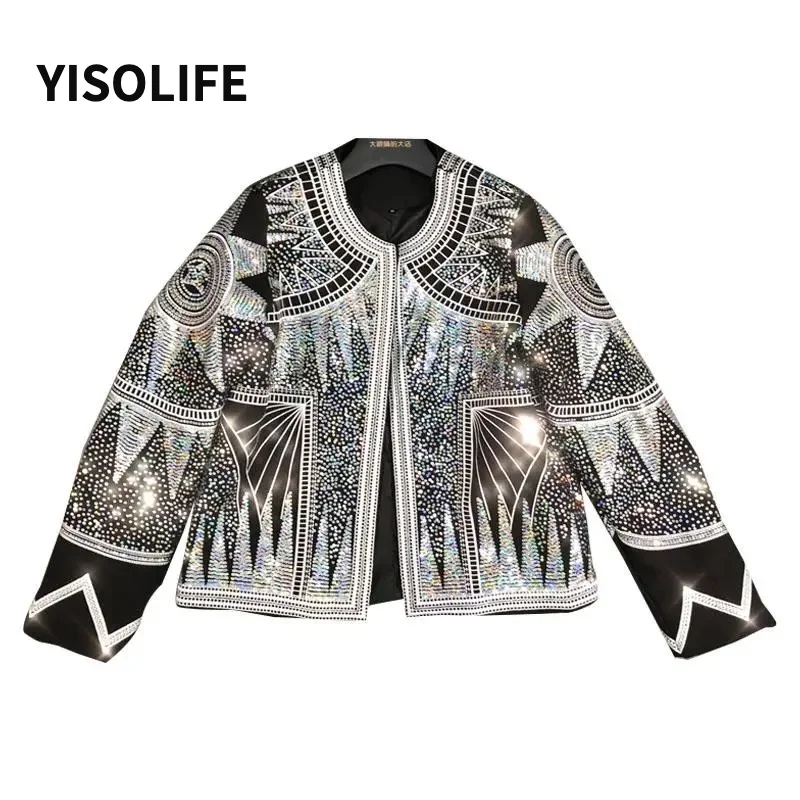 

Женский короткий Блейзер с пайетками в стиле ретро, модное и классное уличное пальто с круглым вырезом и геометрическим узором, ветровка