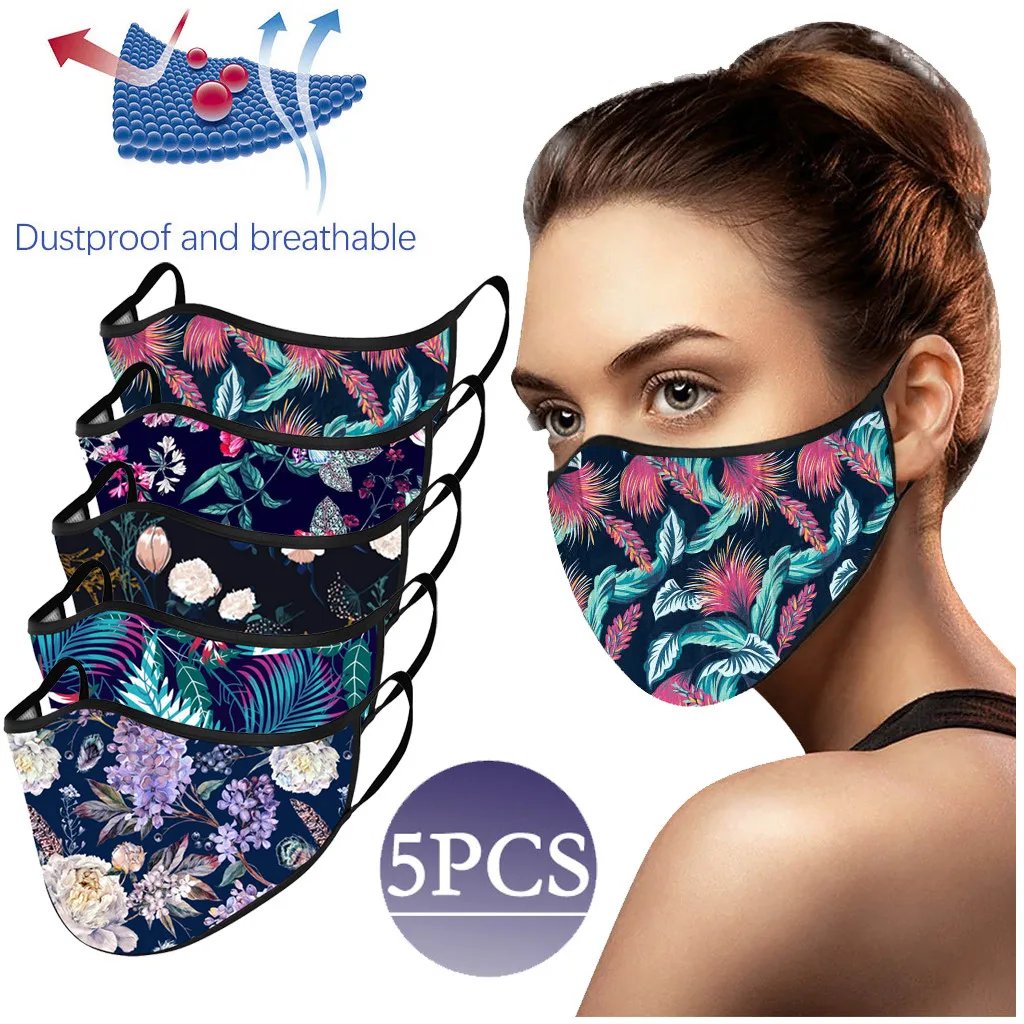 

5pcs Floral Fashion Masks Reusable Washable Face Masks For Women Mouth Masks Breathable Dustproof mascarilla masque maska
