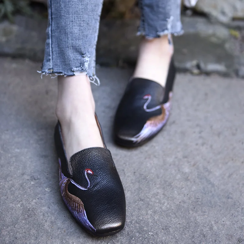 

Artmu Original Retro Chinese-style Flat Sole Women's Shoes Crane Embroidery Genuine Leather Slip-on Loafers New Handmade Shoes