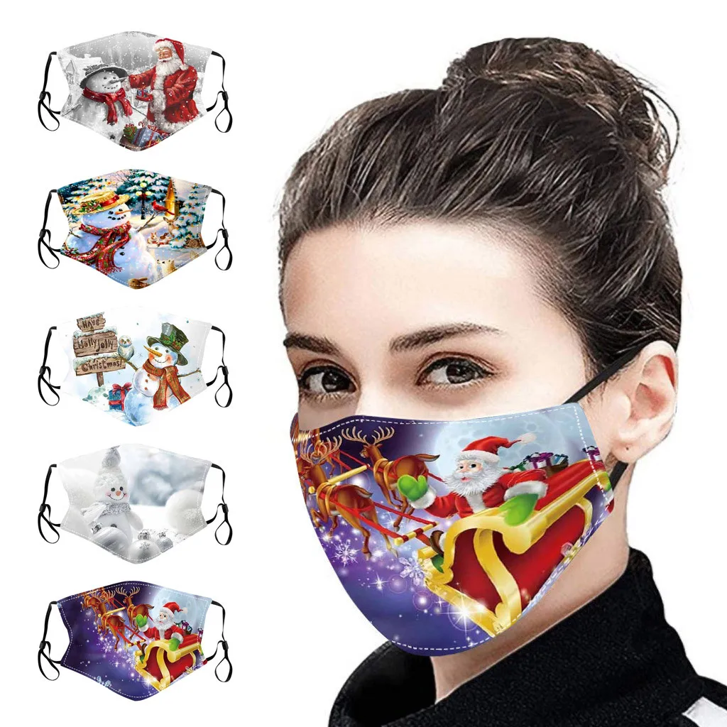 

Christmas Masks 5PC Adult Face Mask Fashion Lovely Printing Festival MouthCover Dustproof Reusable Masque Breathable Mascarillas