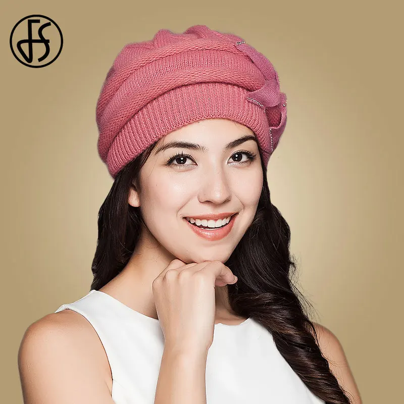Pink Knit Hat FS, женские вязаные шапки, зимние, красные, бежевые, утолщенные, элегантные, повседневные, из кроличьей шерсти, шапка, женские, Skullies Beanies для дам, Gorros Invierno - Цвет: Pink Knit Hat