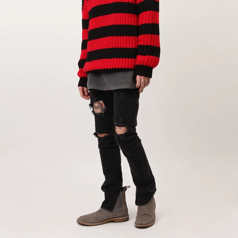 

Tide Thin Knees Hole Black Slim Zipper Feet Jeans Men's Autumn and Winter New Trousers High Street Black Ripped Jeans Fashion