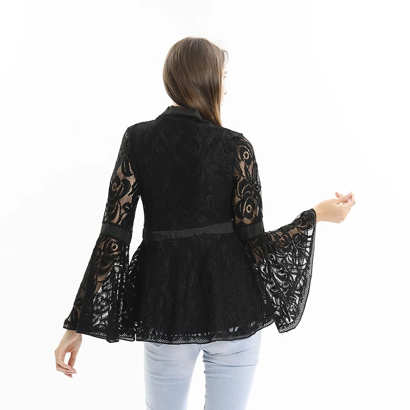 Women Lace Sexy Hollow Out Flared Sleeve Blouses Lady Black Patchwork Print Shirts Blusas Mujer De Moda