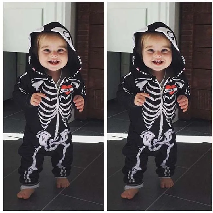 Baby Boy Clothes Funny Skeleton Halloween Costume Long Sleeve Romper Hooded Jumpsuit Zipper Front Open Halloween Clothes